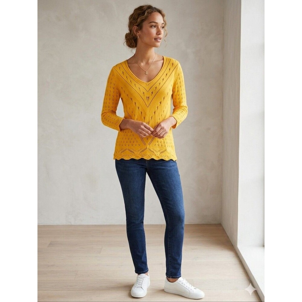 Joseph A Sunflower Yellow Openwork V-Neck Knit Sweater Boho Chic Size M